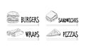 Hand drawn menu of fast food cafe. Sketch vector illustration of tasty burger, wraps, sandwich and pizza slice