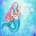 Hand drawn mermaid holding a gold fish, on watercolor background Royalty Free Stock Photo