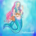 Hand drawn mermaid holding a gold fish, on watercolor background Royalty Free Stock Photo