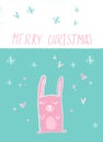 Hand drawn merry christmas card poster . Cute funny bunny kid illustration . cartoon made rabbit with hearts and snowflakes ink pa