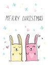 Hand drawn merry christmas card poster . Cute funny bunny kid illustration . cartoon made rabbit with hearts and snowflakes ink pa