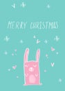Hand drawn merry christmas card poster . Cute funny bunny kid illustration . cartoon made rabbit with hearts and snowflakes ink pa