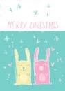 Hand drawn merry christmas card poster . Cute funny bunny kid illustration . cartoon made rabbit with hearts and snowflakes ink pa