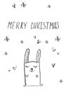 Hand drawn merry christmas card poster . Cute funny bunny kid illustration . cartoon made rabbit with hearts and snowflakes ink pa