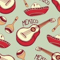 Hand drawn mexican seamless pattern with sombrero, guitar, maracas