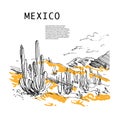 Hand drawn Mexico traveling landscape sketch.