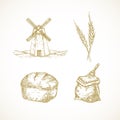 Hand Drawn Miller and Bakery Illustrations Set. Vector Windmill, Flour Sack with a Scoop, Wheat Spicas and Bread