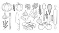 Hand drawn minimalist line art collection of fresh vegetables kitchen utensils herbs and spices isolated on white background Royalty Free Stock Photo