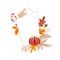 Hand drawn minimalistic autumn frame with leaves and geometric elements on white background. vector illustration Doodle style. Royalty Free Stock Photo