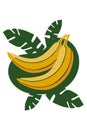 Hand drawn minimalistic yellow banan with green palm leaves concept sticker, icon, emblem, card