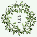 Mistletoe wreath with white berries. Vector illustration on soft green background with place for your text Royalty Free Stock Photo