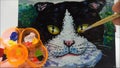 Hand drawn Modern , Art painting Oil color Cute Cat , Palette and paintbrush ,from gallery in Thailand