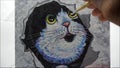 Hand drawn Modern , Art painting Oil color Cute Cat , Palette and paintbrush ,from gallery in Thailand