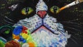 Hand drawn Modern , Art painting Oil color Cute Cat , Palette and paintbrush ,from gallery in Thailand