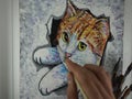 Hand drawn Modern , Art painting Oil color Cute Cat , Palette and paintbrush ,from gallery in Thailand