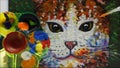 Hand drawn Modern , Art painting Oil color Cute Cat , Palette and paintbrush ,from gallery in Thailand