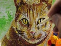 Hand drawn Modern , Art painting Oil color Cute Cat , Palette and paintbrush ,from gallery in Thailand