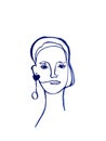 Hand drawn modern linear portrait of woman with long earring. Blue gouache line art.