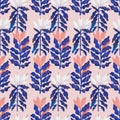 Hand drawn modern style flower and leaf seamless repeat pattern, indigo pink background, abstract shape of flowers and leaves Royalty Free Stock Photo
