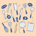 Hand drawn modern various cooking utensil kitchen tools vector set