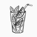 Hand drawn mojito cocktail in glass with ice cubes, lime slice and mint. Royalty Free Stock Photo