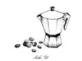 Hand Drawn of Moka Pot with Coffee Beans Royalty Free Stock Photo