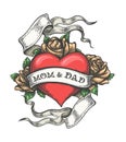 Hand Drawn Mom and Dad Tattoo. Vector Illustration