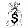 Hand drawn money bag with dollar sign isolated on white background. vector illustration Royalty Free Stock Photo