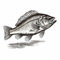 Detailed Engraving Of Long Mouth Bass In Water - Vector Illustration