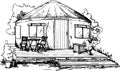 hand drawn monochromatic tourist camping yurt sketch with chairs on terrace