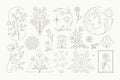 Hand drawn monochrome esoteric line art botanical emblem set woman beauty wellness spa salon