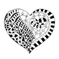 Hand drawn monochrome heart in zentangle style.