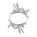 Hand drawn monochrome line art tropical protea flower horizontal oval frame