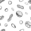 Hand drawn monochrome vector seamless pattern of walnuts, hazelnuts, pistachios, peanuts. sketch. Vector eps 8