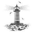 Hand Drawn Monochrome Vintage Nautical Emblem with Lighthouse