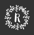 Hand drawn monogram object for design use.White Vector doodle flower on black chalk board  background and Capital Letter. Abstract Royalty Free Stock Photo