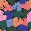 Hand drawn monstera leaves of  orange, pink, purple and green colors on dark background. Seamless tropical pattern. Royalty Free Stock Photo
