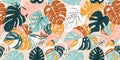 Hand drawn monstera, seamless patterns with floral for fabric, textiles, clothing, decor, abstract backgrounds.