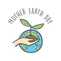 Hand drawn mother earth day. Human hands holding plant. Environmental care and social responsibility doodle.