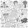 Hand drawn Mother`s day doodle set. Love you Mommy, best mom. Woman, bird, flower, heart, cake, present, envelope, bouquet, tree, Royalty Free Stock Photo