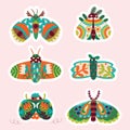 Hand drawn moths with floral ornaments. Sticker collection Royalty Free Stock Photo