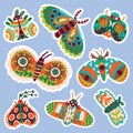 Hand drawn moths with floral ornaments. Sticker collection Royalty Free Stock Photo