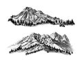 Hand Drawn Mountain Illustration. Vector Mountain Landscape. Travel and Tourism Concept. Hand Drawn Rocky Peaks in Sketch Style. Royalty Free Stock Photo