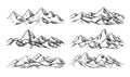 Hand drawn mountains. Landscape pencil sketch. Rocky nature outline view. Hiking tourism and climbing summits. Scenic high peaks.