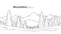 Hand drawn Mountains sketch background with pine forest on foreground. Line design Royalty Free Stock Photo