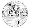 Hand drawn mountains with sun and moon. Outline landscape vector illustration. Black and white line art in doodling style