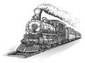 Hand drawn moving retro train, sketch illustration. Vintage railway steam locomotive in style of old engraving