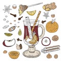 Hand-drawn mulled wine. Ingredients and spices for mulled wine on a white background