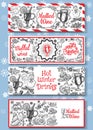 Hand drawn mulled wine vector banners set. Black and white sketch posters with wine glass. Menu cards design templates