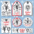 Hand drawn mulled wine vector gift tags set. Black and white sketch badges and logo with wine glass. Menu cards design Royalty Free Stock Photo